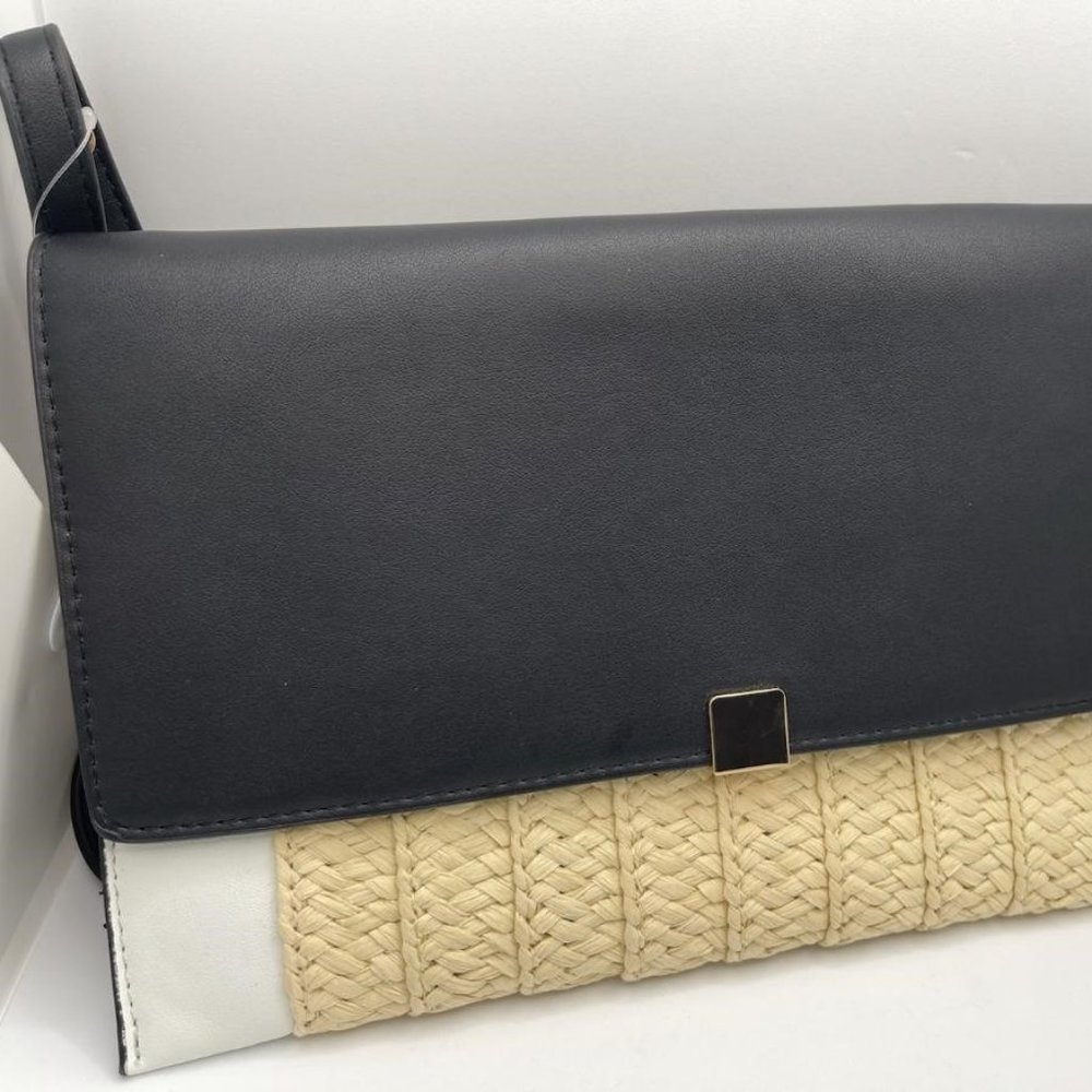 Black white and rattan clutch purse